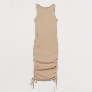 Beige/Tan Strapless Ribbed Maternity Dress with Side Ruching